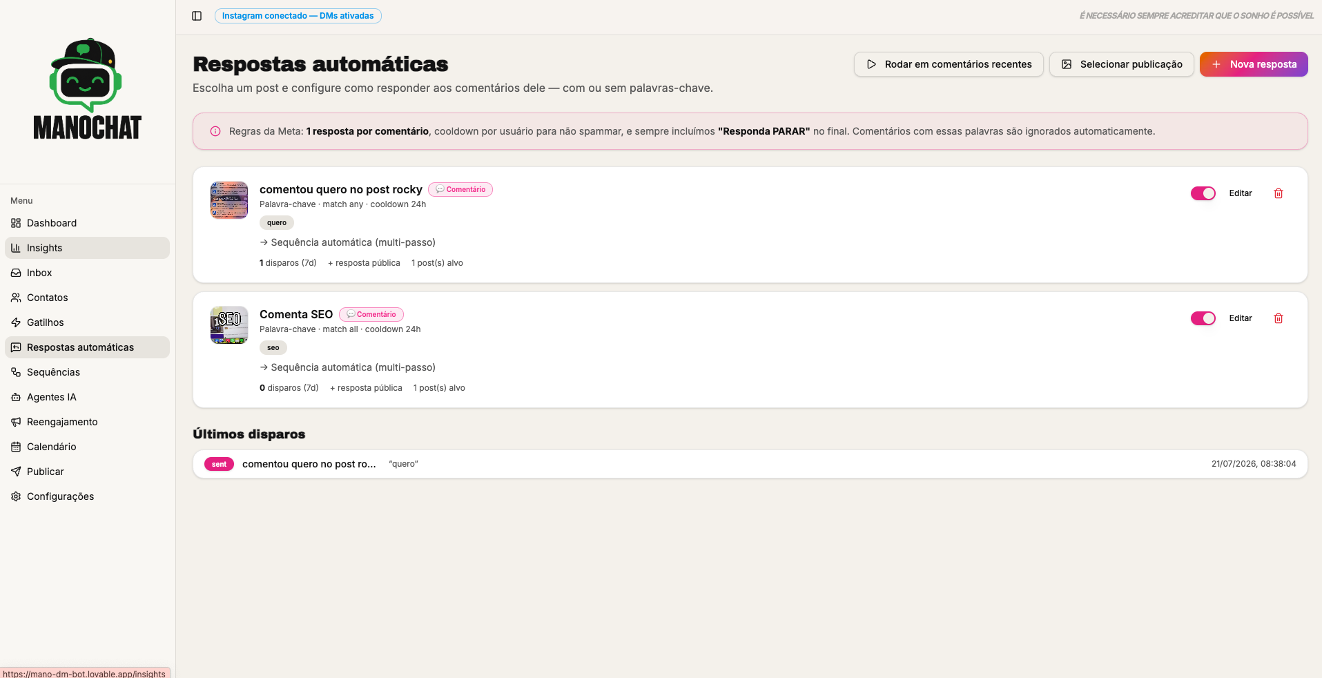 Respostas automáticas configuradas por post