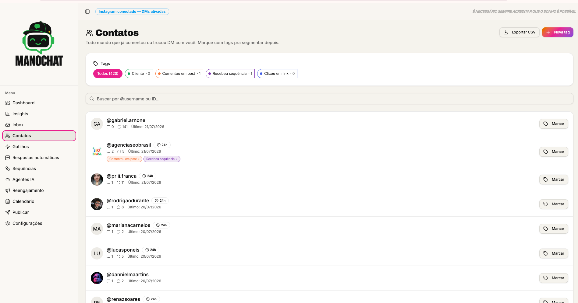 Lista de contatos e tags